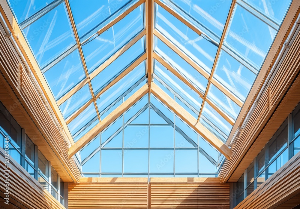 Modern Architectural Design Featuring Glass Roof With Wooden Framework in Bright Sunlight, Creating an Inviting and Airy Atmosphere for Contemporary Spaces Modern Architectural Design Featuring Glass Roof With Wooden Framework in Bright Sunlight, Creating an Inviting and Airy Atmosphere for Contemporary Spaces