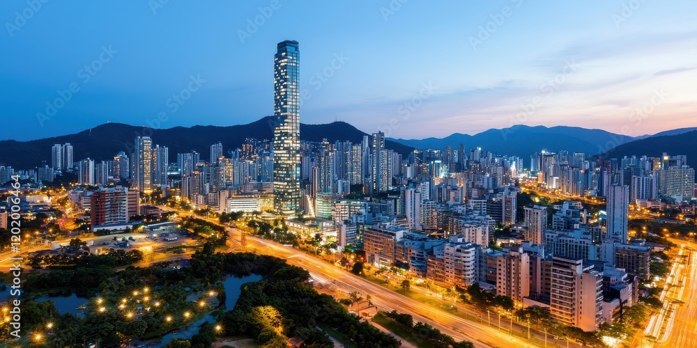 Obraz premium Urban Skyline at Twilight with Mountains