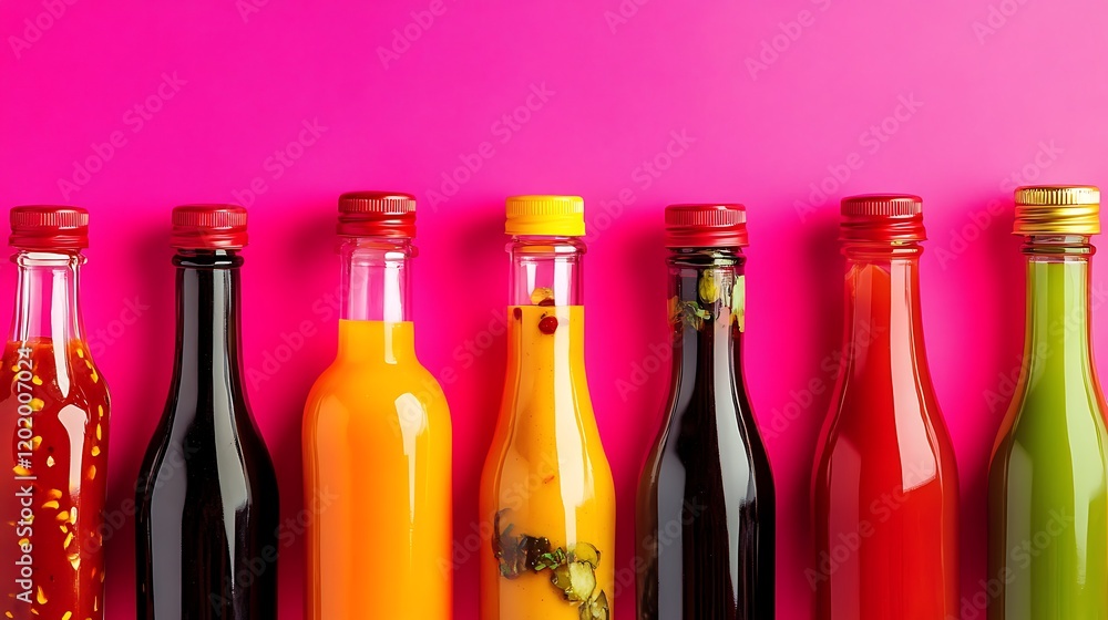 Bottled sauces and condiments displayed on a bright pink background with artistic highlights Bottled sauces and condiments displayed on a bright pink background with artistic highlights