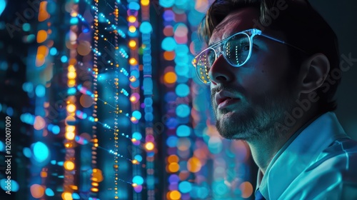 Researcher analyzing DNA sequences with illuminated genetic data visualizations in a cutting-edge laboratory.