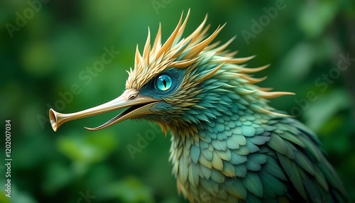 Enchanted Avian: Jewel-toned Feathers, Golden Crest, Lush Green Setting photo