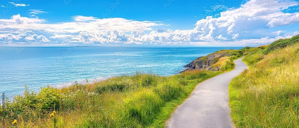 A quiet cliffside path with panoramic views of a calm, endless ocean A quiet cliffside path with panoramic views of a calm, endless ocean