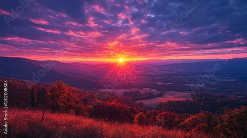 Dramatic Sunrise Over Mountain Valley with Fiery Red Hues and Pink Clouds Casting an Ethereal Glow across a Serene Autumn Landscape