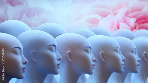 Multiple mannequin heads arranged in a line against a pastel background with soft pink elements photo