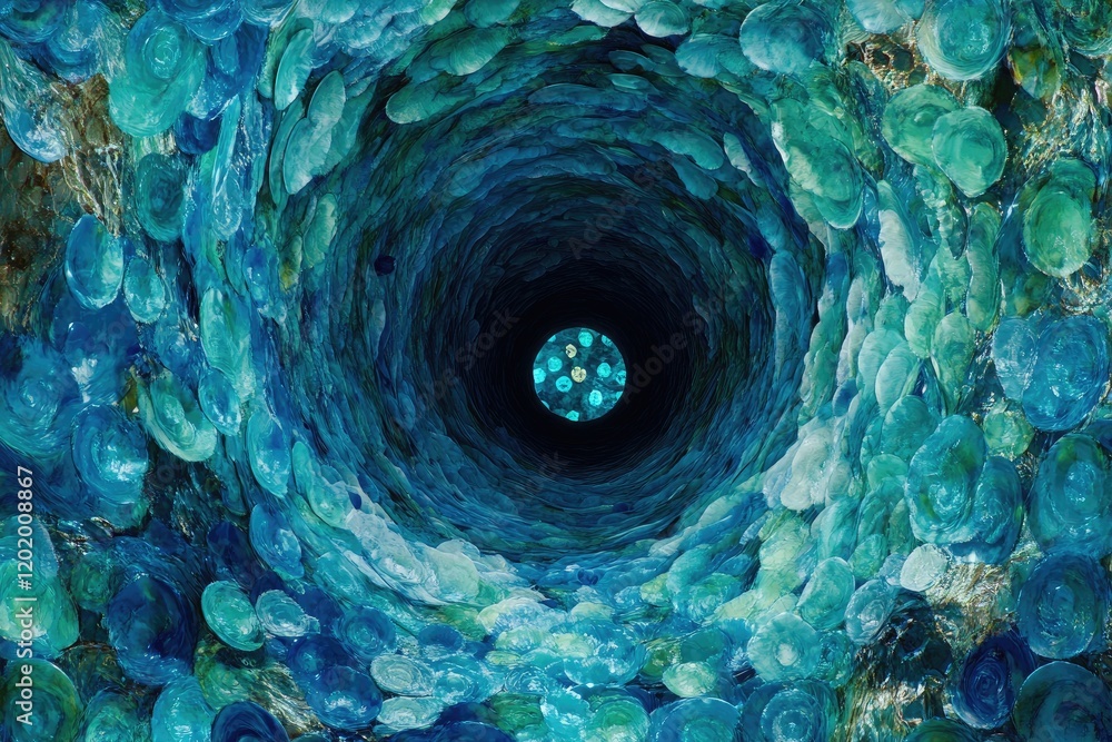 Obraz premium Abstract swirling blue tunnel, light at end, background unknown, website banner