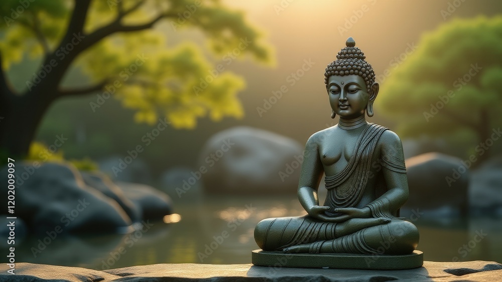 A stone-carved Buddha figure seated in a Zen garden, gently lit by early sunlight revealing delicate details. A stone-carved Buddha figure seated in a Zen garden, gently lit by early sunlight revealing delicate details.