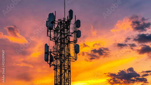 Telecommunication tower stands tall against colorful sunset sky. Metal structure supports 5G antennas. Modern tech equipment transmits signals. Wireless communication systems operate at high
