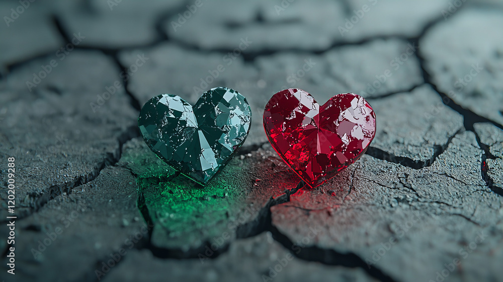 Cracked landscape showcasing two crystal hearts in contrasting colors, symbolizing love and emotion Cracked landscape showcasing two crystal hearts in contrasting colors, symbolizing love and emotion