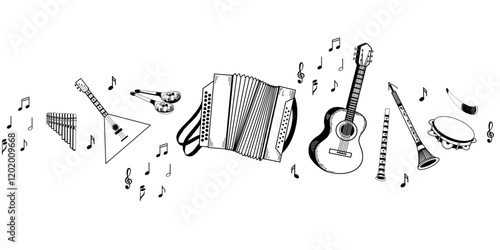 Folk musical instruments, accordion, balalaika, horn, flute, spoons, notes, acoustic guitar. All objects are hand-drawn in vector, suitable for printing on posters, invitations, postcards.