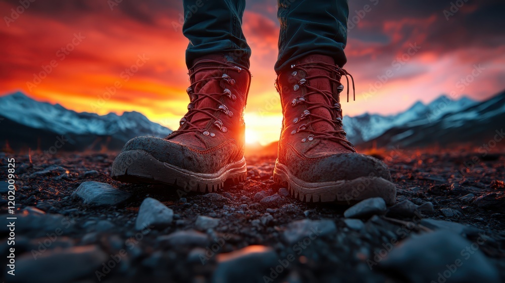A close-up view of rugged hiking boots standing on rocky terrain, accentuated by a breathtaking sunset that fills the scene with fiery colors, symbolizing adventure and resilience. A close-up view of rugged hiking boots standing on rocky terrain, accentuated by a breathtaking sunset that fills the scene with fiery colors, symbolizing adventure and resilience.