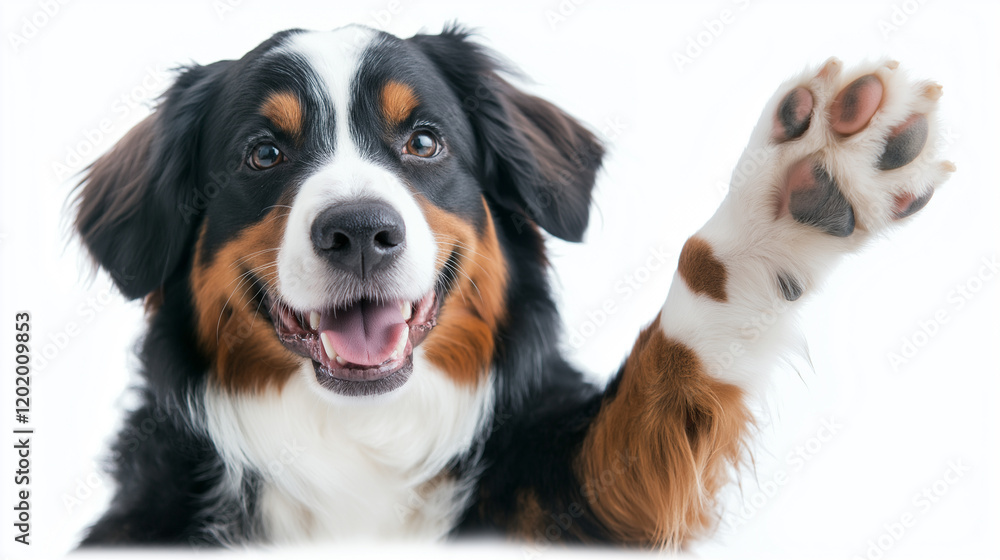 Happy Bernese Mountain Dog with a raised paw and a cheerful expression on a clean white background. Happy Bernese Mountain Dog with a raised paw and a cheerful expression on a clean white background.