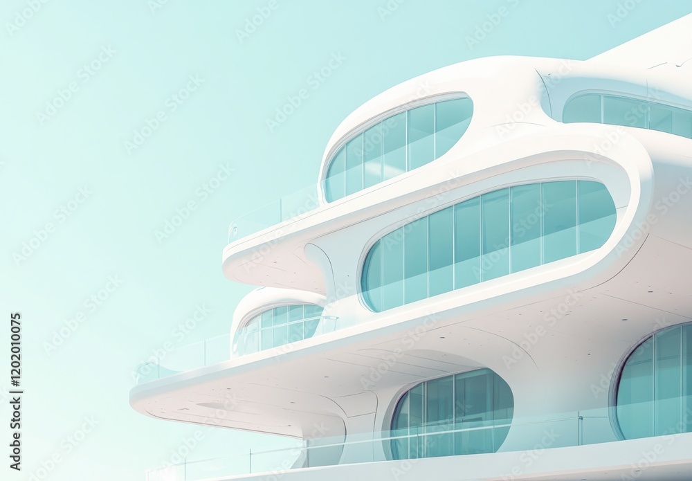 Modern Architectural Design of a Minimalist Building Showcasing Curved Facades and Large Windows Against a Light Blue Sky Modern Architectural Design of a Minimalist Building Showcasing Curved Facades and Large Windows Against a Light Blue Sky
