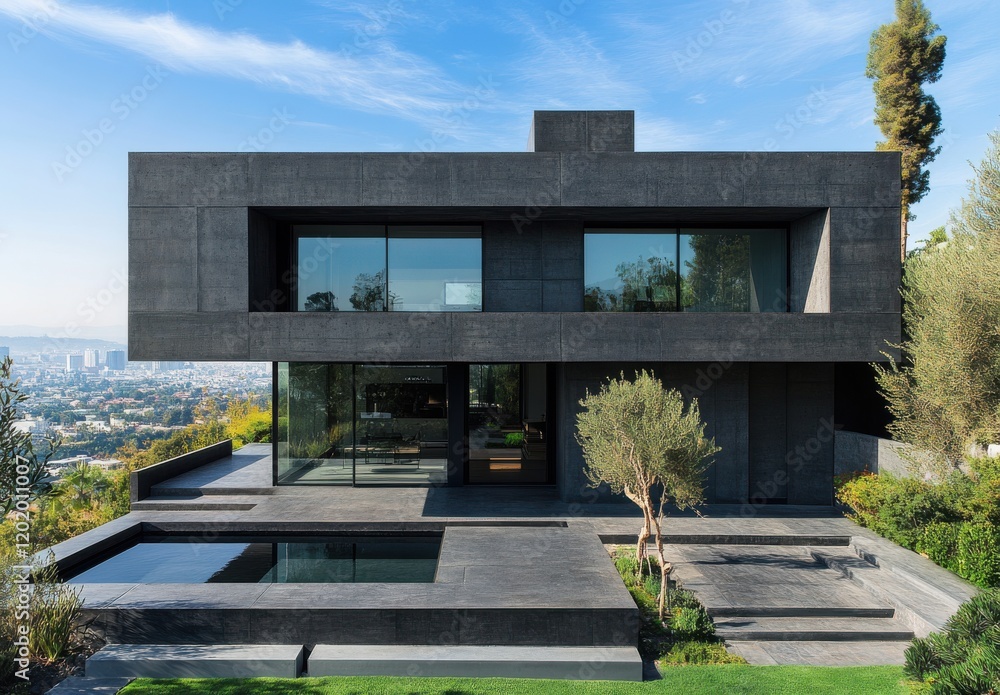 Modern architectural design of a sleek concrete home with large glass windows surrounded by greenery and panoramic city views under a clear blue sky