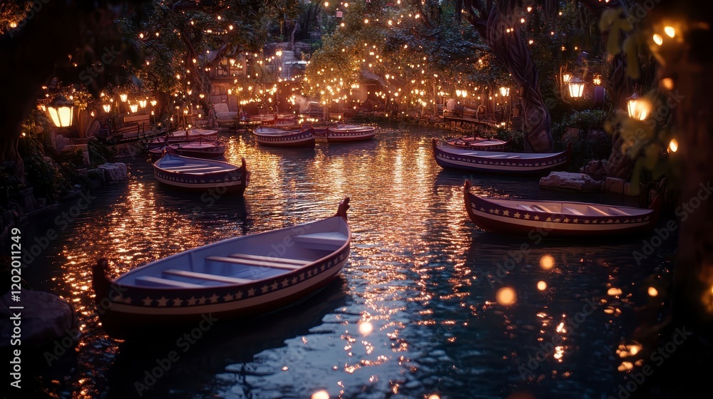 Fototapeta premium Romantic Evening Gondolas on a Calm Lake Under String Lights