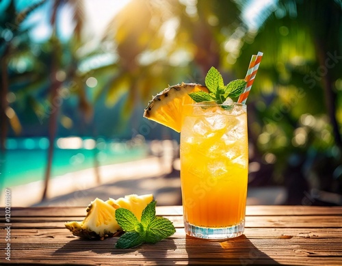 Tropischer Cocktail mit Ananas und Minze – Urlaubsstimmung im Glas photo