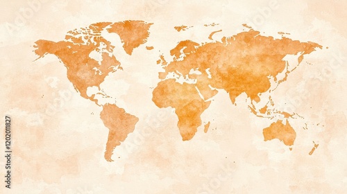 Artistic watercolor world map in warm orange tones, perfect for travel, education, and exploration themes