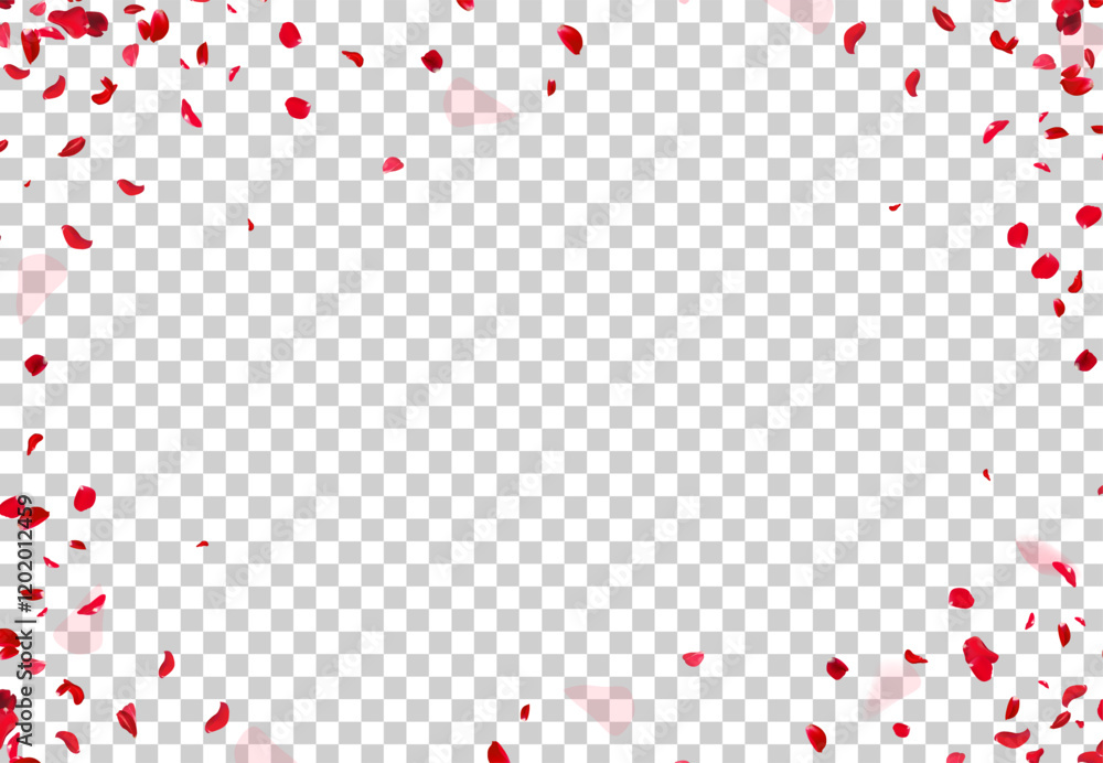 Red rose petals falling in the air on white romantic vector card. Heart wedding celebration design. Love backdrop. Stylish fashion banner. Saint Valentines Day template. All elements are isolated Red rose petals falling in the air on white romantic vector card. Heart wedding celebration design. Love backdrop. Stylish fashion banner. Saint Valentines Day template. All elements are isolated