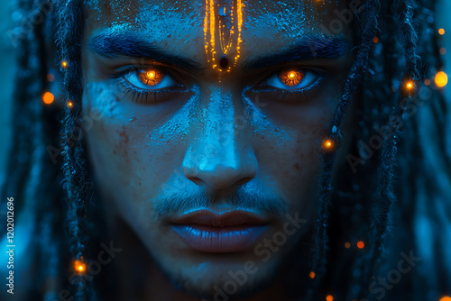A futuristic depiction of Shiva with cyberpunk elements, featuring a glowing aura, advanced technology, blending divinity with modernity and cosmic energy