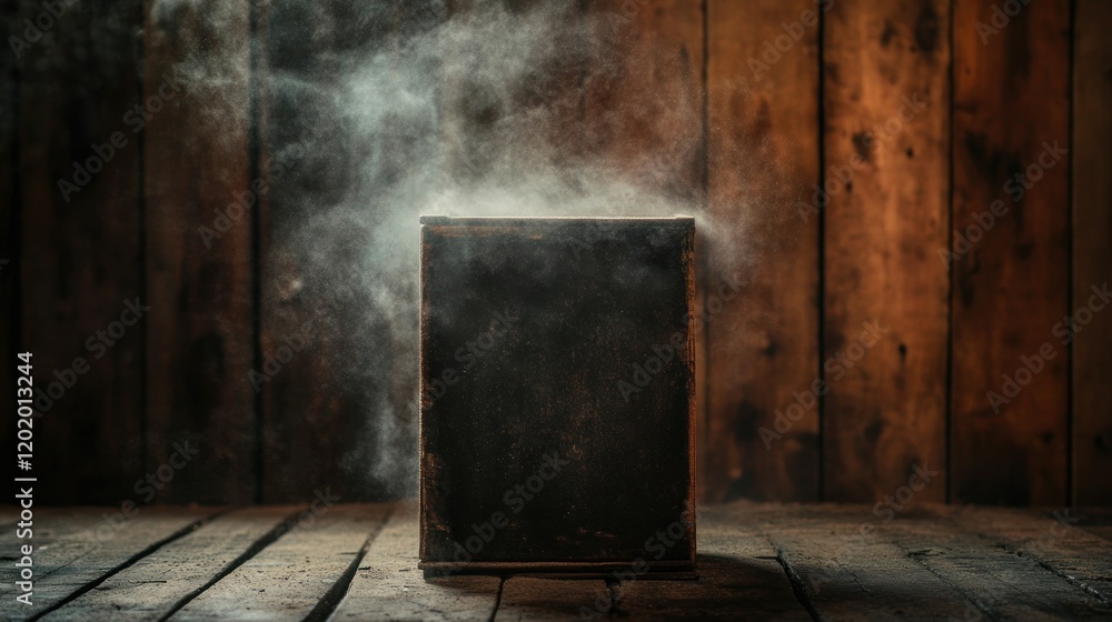 Mysterious smoky box on wooden floor. Mysterious smoky box on wooden floor.