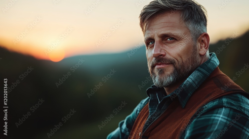 A charming close-up of a man with a beard, dressed warmly, as he smiles at the camera with a stunning sunset illuminating the scenic mountainous background. A charming close-up of a man with a beard, dressed warmly, as he smiles at the camera with a stunning sunset illuminating the scenic mountainous background.