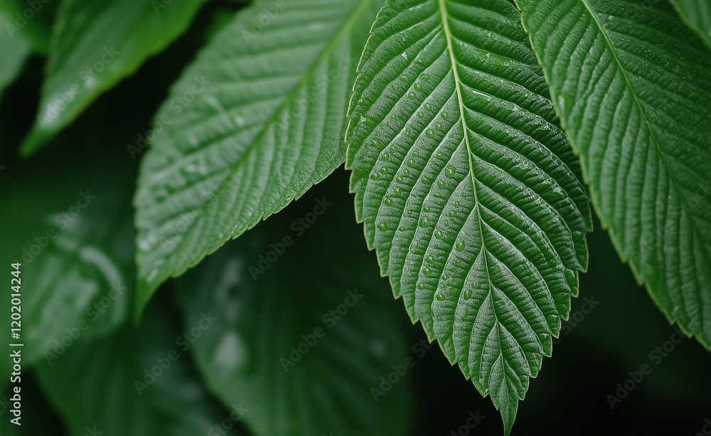 Close-up of lush green leaves with detailed veins and a glossy surface, wet with tiny water droplets.
Close-up of lush green leaves with detailed veins and a glossy surface, wet with tiny water droplets.