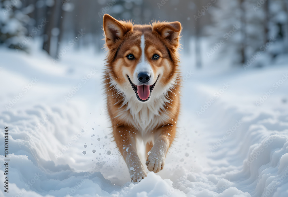 Portrait of a happy dog running in snow at winter Portrait of a happy dog running in snow at winter