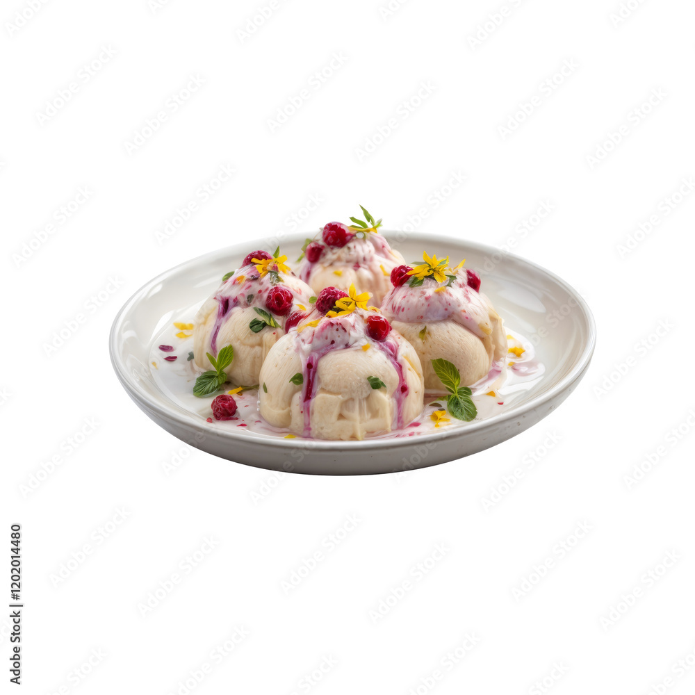 Creamy Delights with a Pop of Color: Close-up of a delectable dessert featuring four creamy white ice cream scoops drizzled with bright pink sauce and garnished with fresh berries and edible flowers. Creamy Delights with a Pop of Color: Close-up of a delectable dessert featuring four creamy white ice cream scoops drizzled with bright pink sauce and garnished with fresh berries and edible flowers.