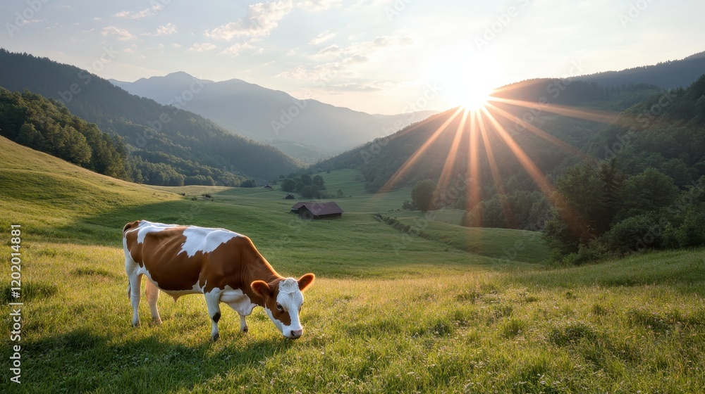 A tranquil scene featuring a cow leisurely grazing in a lush green meadow, illuminated by a warm sunset that enhances the peaceful and idyllic ambiance of rural life.