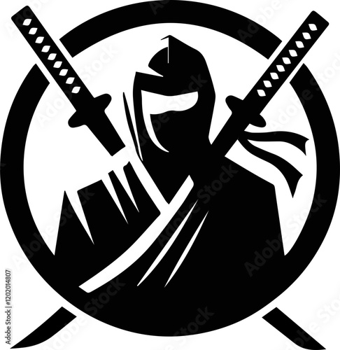 Black Ninja Silhouette Icons with Swords and Dynamic Action Poses