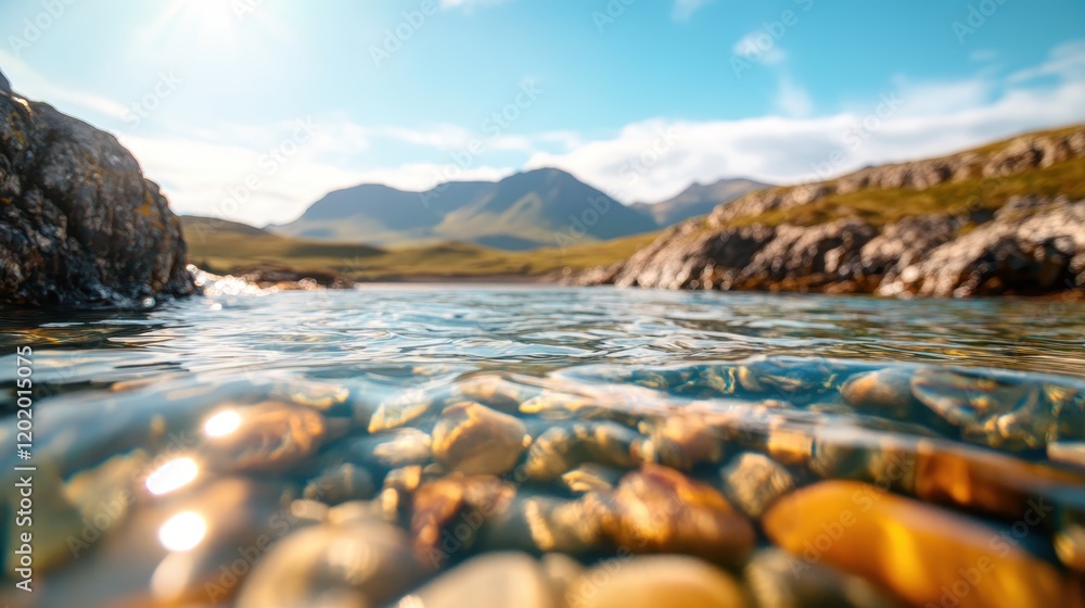 An enchanting view of colorful stones under crystal-clear mountain water, suggesting a sense of tranquility and connection with nature in a serene outdoor setting. An enchanting view of colorful stones under crystal-clear mountain water, suggesting a sense of tranquility and connection with nature in a serene outdoor setting.