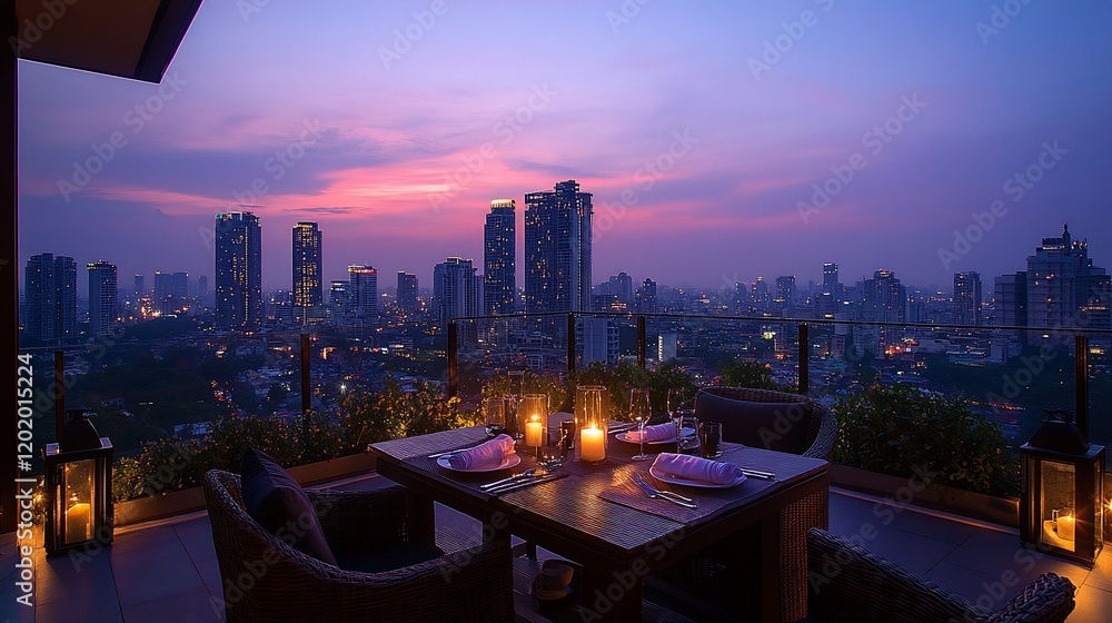 Obraz premium Romantic rooftop dinner, city sunset view, luxury dining