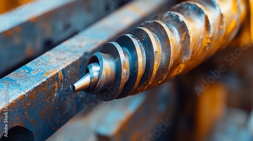 Close-up of a worn industrial metal drill bit with a conical tip. photo