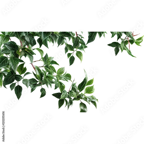 Green Branch with Leaves: A vibrant green branch with lush leaves, perfect for adding a touch of nature to your designs. Use this image to create a sense of freshness, growth, and natural beauty.  