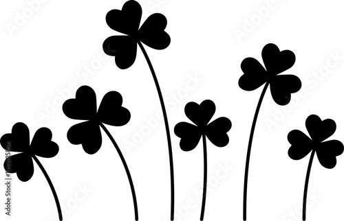 Clover silhouette. Shamrock icon.
A group of lucky shamrocks.
A cluster of lucky clovers.
The Clover Family.
Spring plants flat vector illustration.
Saint Patrick's Day element.
Transparent background