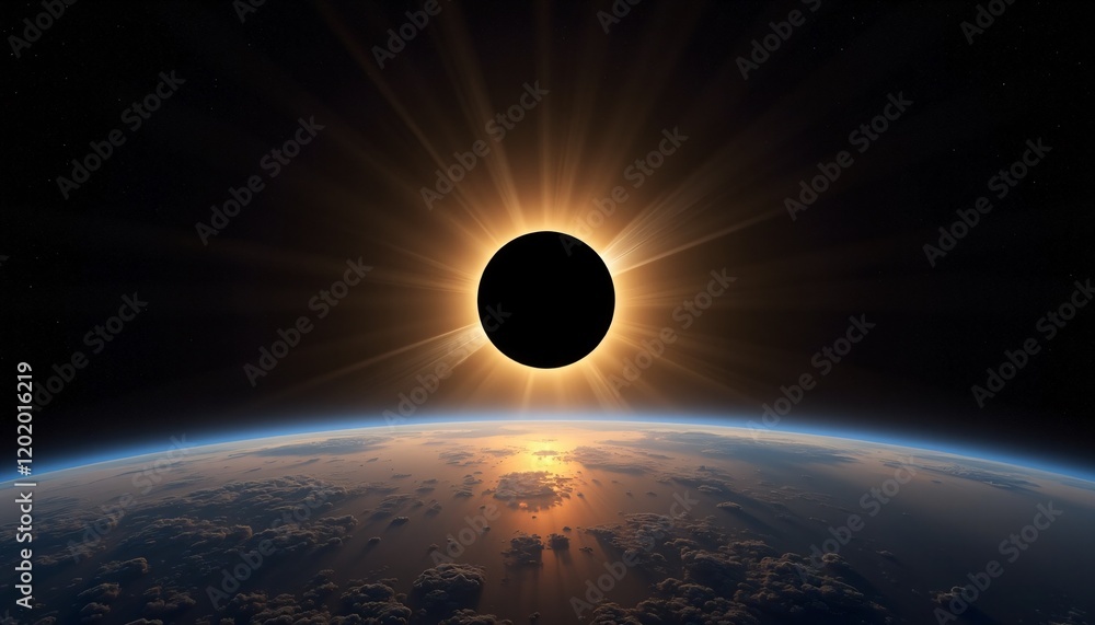 Obraz premium Solar eclipse from space with glowing corona.