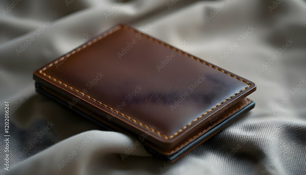 a brown wallet sitting on top of a bed a brown wallet sitting on top of a bed