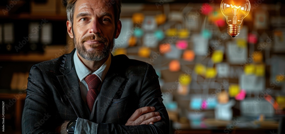 Fototapeta premium A charismatic businessman in a black suit stands before a whiteboard with sticky notes, gazing at a glowing light bulb, symbolizing a breakthrough idea