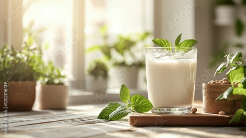 A delicious creamy mint smoothie sits elegantly in a glass, surrounded by lush green plants, emphasizing a refreshing and nutritious lifestyle. photo