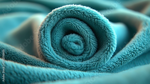 Soft Teal Fleece Fabric Texture Rolled Close Up Cozy Blanket Material