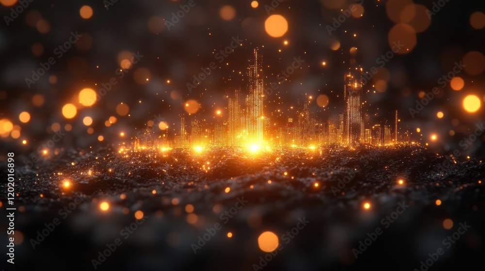 Obraz premium Glowing city skyline emerging from dark, textured ground with bokeh lights.