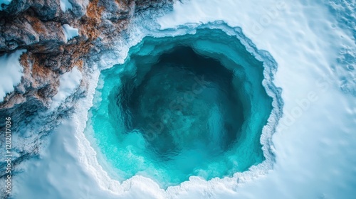 An aerial perspective of a vibrant geothermal pool, showcasing striking turquoise colors contrasting with the surrounding snow and rocky textures, evoking a sense of wonder.