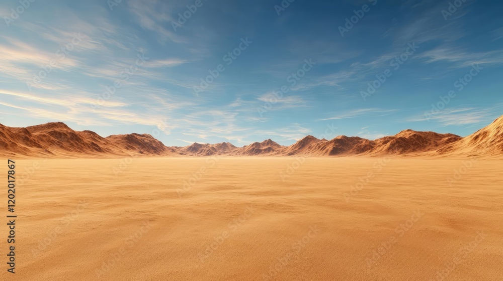 Desert landscape, sand dunes, mountains, clear sky, travel background Desert landscape, sand dunes, mountains, clear sky, travel background
