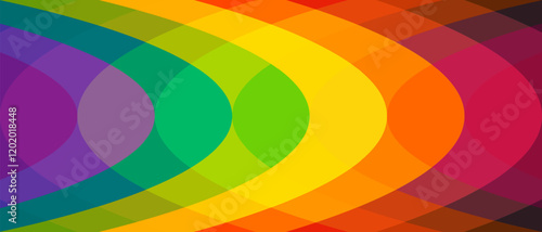 The colorful overlapping arc rainbow pattern background offers a fresh and modern perspective.