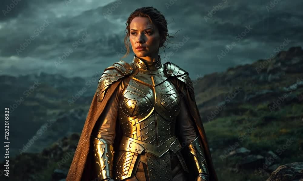 Strong Female Warrior in Armor at Dusk Strong Female Warrior in Armor at Dusk