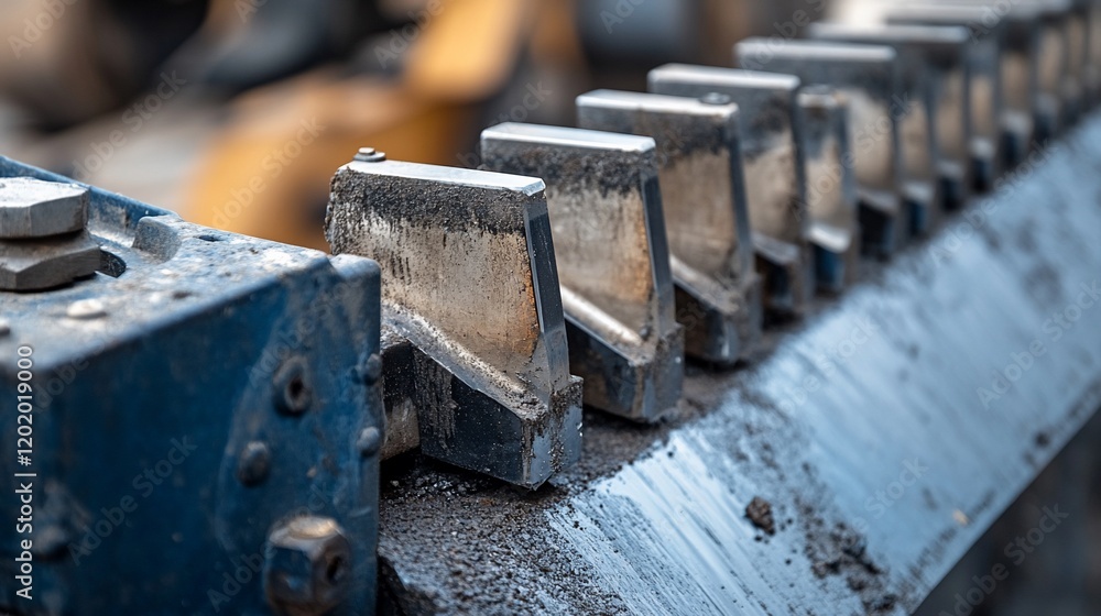 Close-up of dirty, worn, industrial metal cutting blades on machinery. Close-up of dirty, worn, industrial metal cutting blades on machinery.