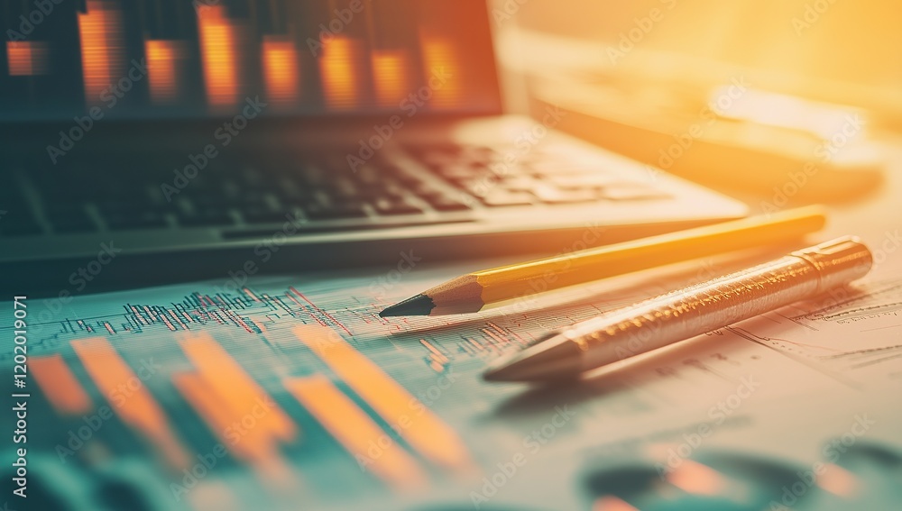 A calculator, pencil, and laptop on top of financial graphs and charts A calculator, pencil, and laptop on top of financial graphs and charts