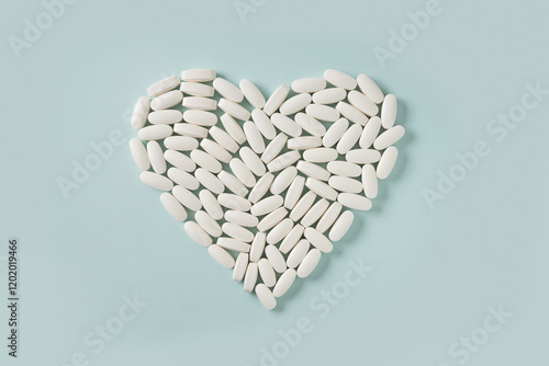 Medicinal white prescription pills in shape of heart on blue background. View from above. Love and Healthcare concept. photo