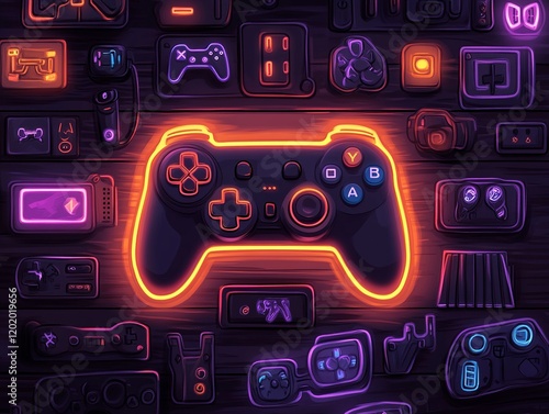 Neon glowing game controller surrounded by various game accessories on wooden surface.