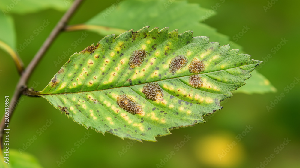 Close-up of a leaf with visible fungal spots, showcasing nature's imperfections and the cycle of decay and renewal in a natural environment. Close-up of a leaf with visible fungal spots, showcasing nature's imperfections and the cycle of decay and renewal in a natural environment.