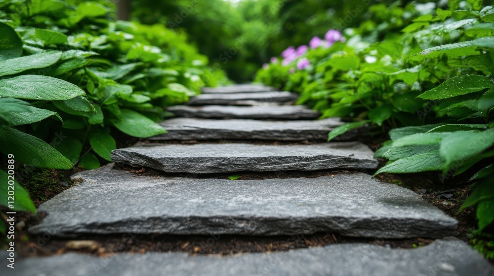 A beautiful stone pathway surrounded by vibrant green foliage, inviting the viewer to embark on a peaceful journey through nature’s serene and refreshing landscape. A beautiful stone pathway surrounded by vibrant green foliage, inviting the viewer to embark on a peaceful journey through nature’s serene and refreshing landscape.